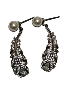 Authentic Signed Swarovski "Feather" Drop Earrings with Clear Crystals Swan Logo
